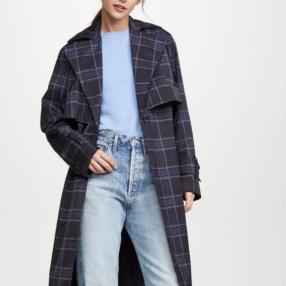 Vince Jackets & Blazers - $700 VINCE PLAID TRENCH MAXI COAT MARINE BELTED  STROM FLAP CLASSIC L